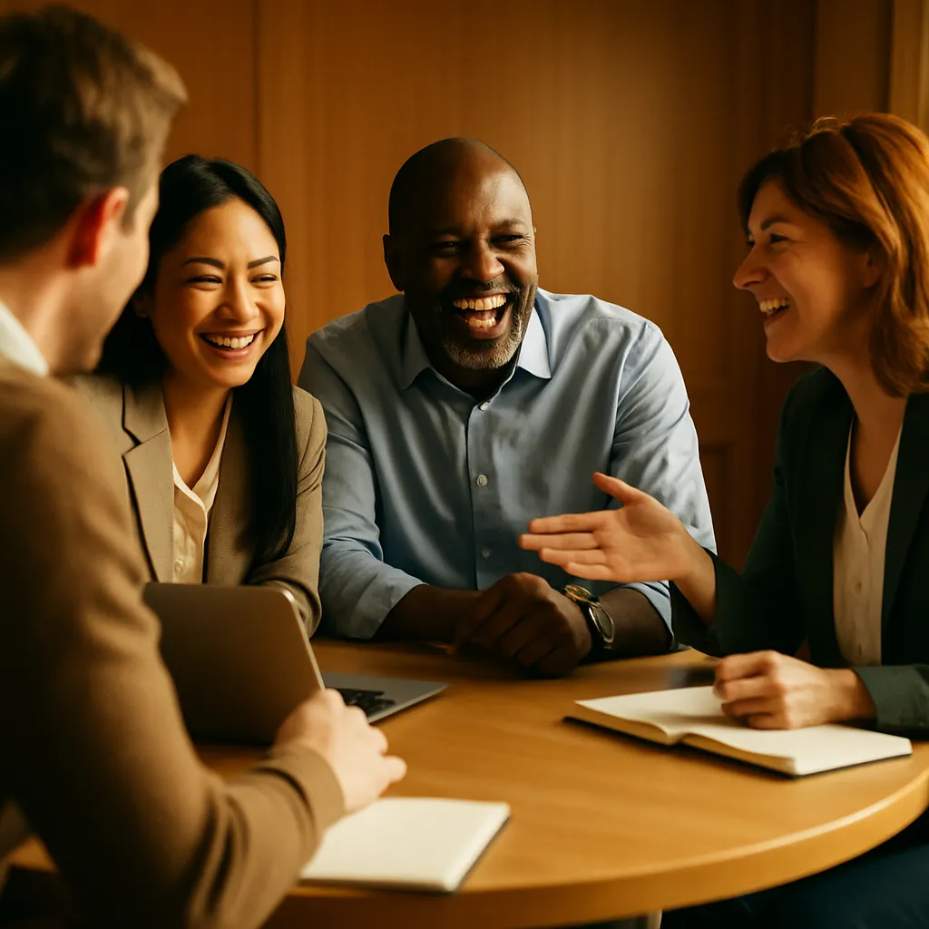 A diverse team of professionals collaborating joyfully in a modern office.